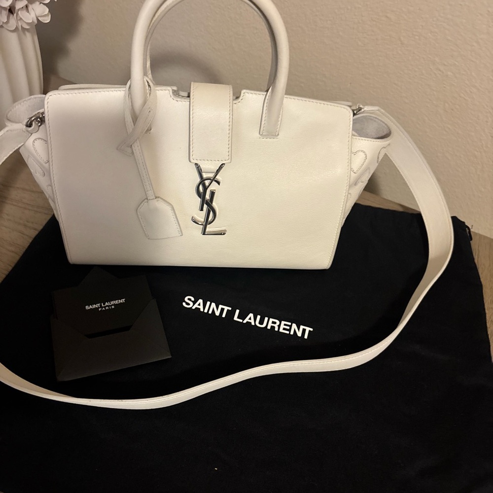 Saint Laurent Ivory Satchel with Silver Accents